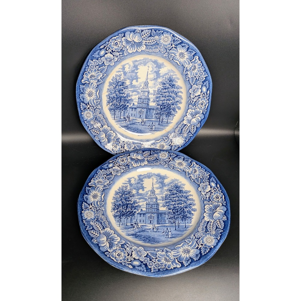 Pair of Liberty Blue Staffordshire Ironstone Dinner Plates Independence Hall